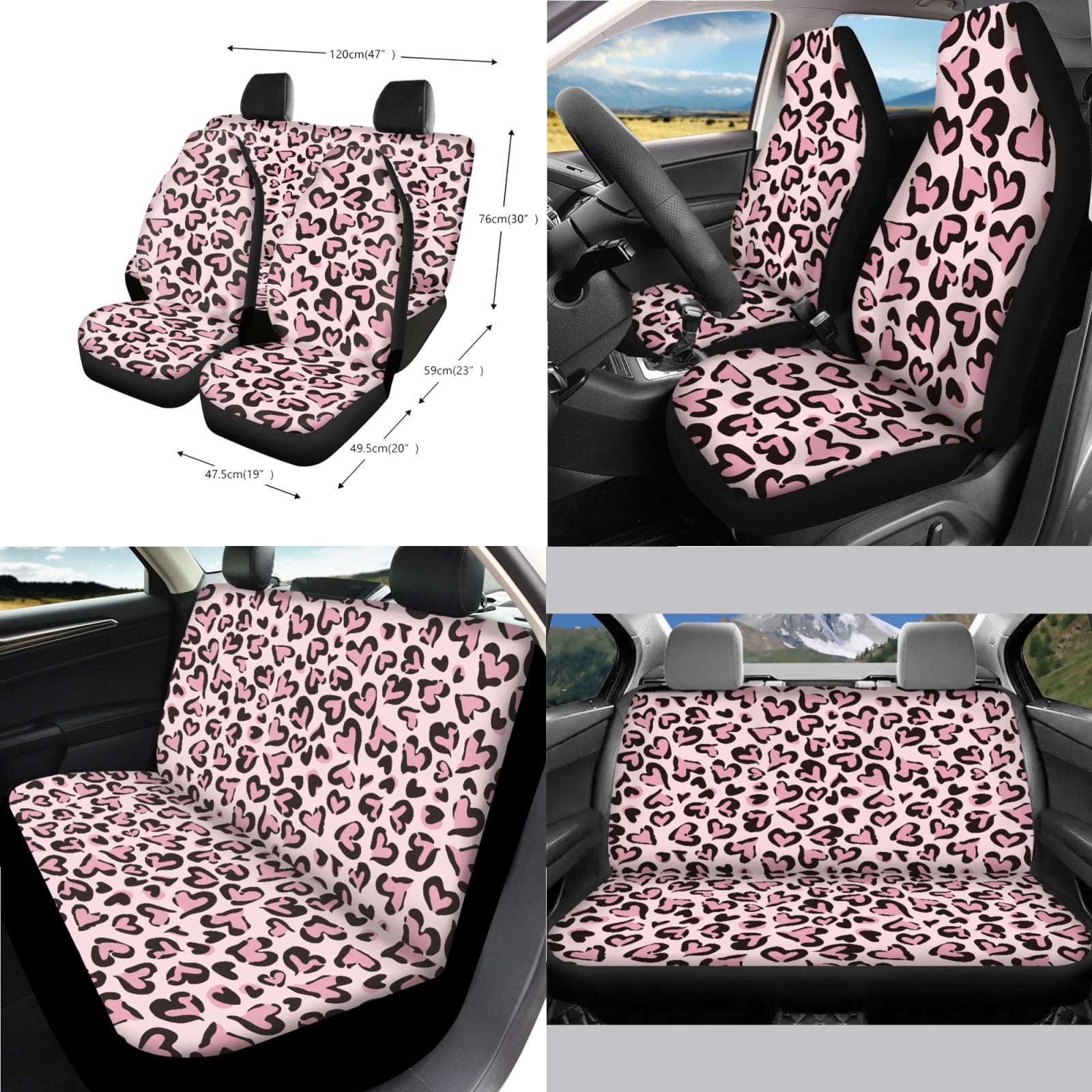 Yuyamidu Pink Heart Car Seat Cover Full Set with Steering Wheel Cover Seat Belt Pads Armrest Cover Handbrake Cover Set Trash Bag Auto Rear View Mirror Cover Cup Holders Fit for Most Vehicles