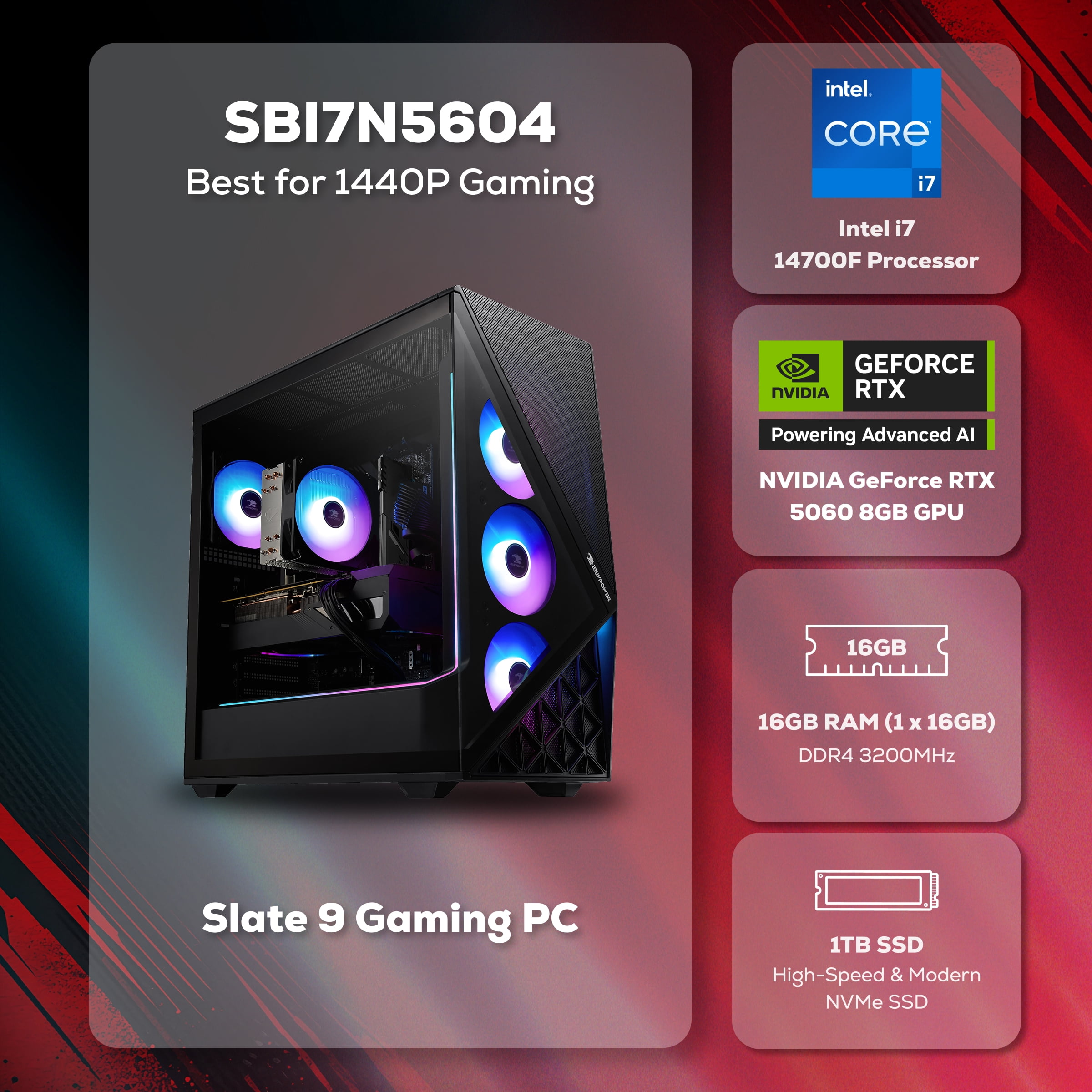 iBUYPOWER Slate Gaming PC Desktop Computer Intel Core i7 14700F CPU, NVIDIA RTX 5060 8GB GPU, 16GB DDR4 Non-RGB 3200MHz RAM, 1TB NVMe SSD, Windows 11 Home, Gamer Keyboard and Mouse - SBI7N5604