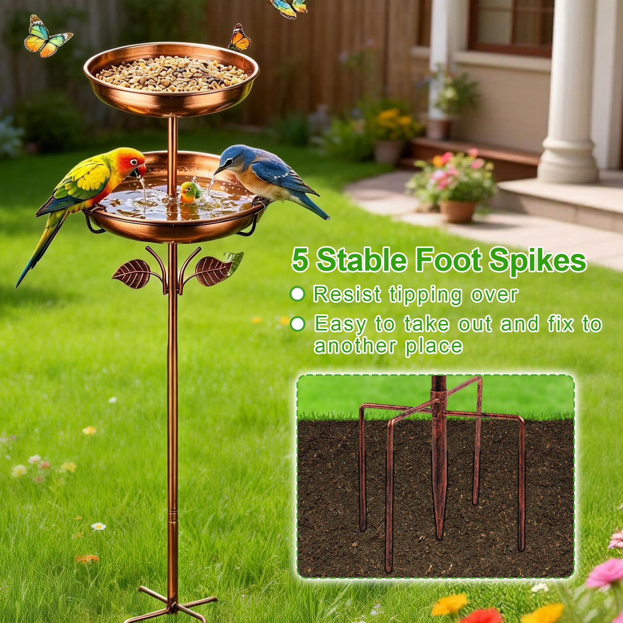 Bird Bath, 42In 4-Pronged Base Birdbaths for Outside, Double Metal Bird Bath & Feeder Bowls for Garden, Window, Patio, Yard & Lawn Decor, Ideal Gift for Bird Lovers