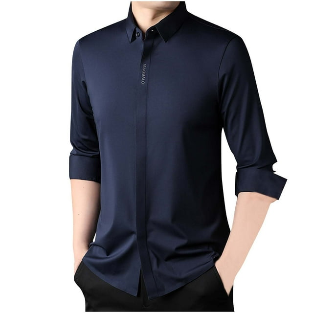 LNWUY Men's Long Sleeve Shirts Quick Dry Performance Shirt Spring Autumn Solid Color Padded Warm Comfortable Flip Collar Shirts Blue M