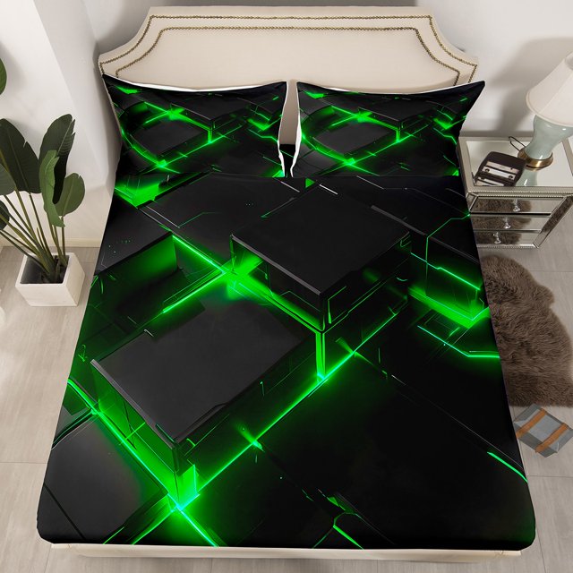 YST Geometry Fitted Sheet Full Size,3D Modern Abstract Square Grid Bed Set for Children Adult,Green Neon Light Geometric Stereoscopic Soft Sheets Room Decor, 2 Pillowcases