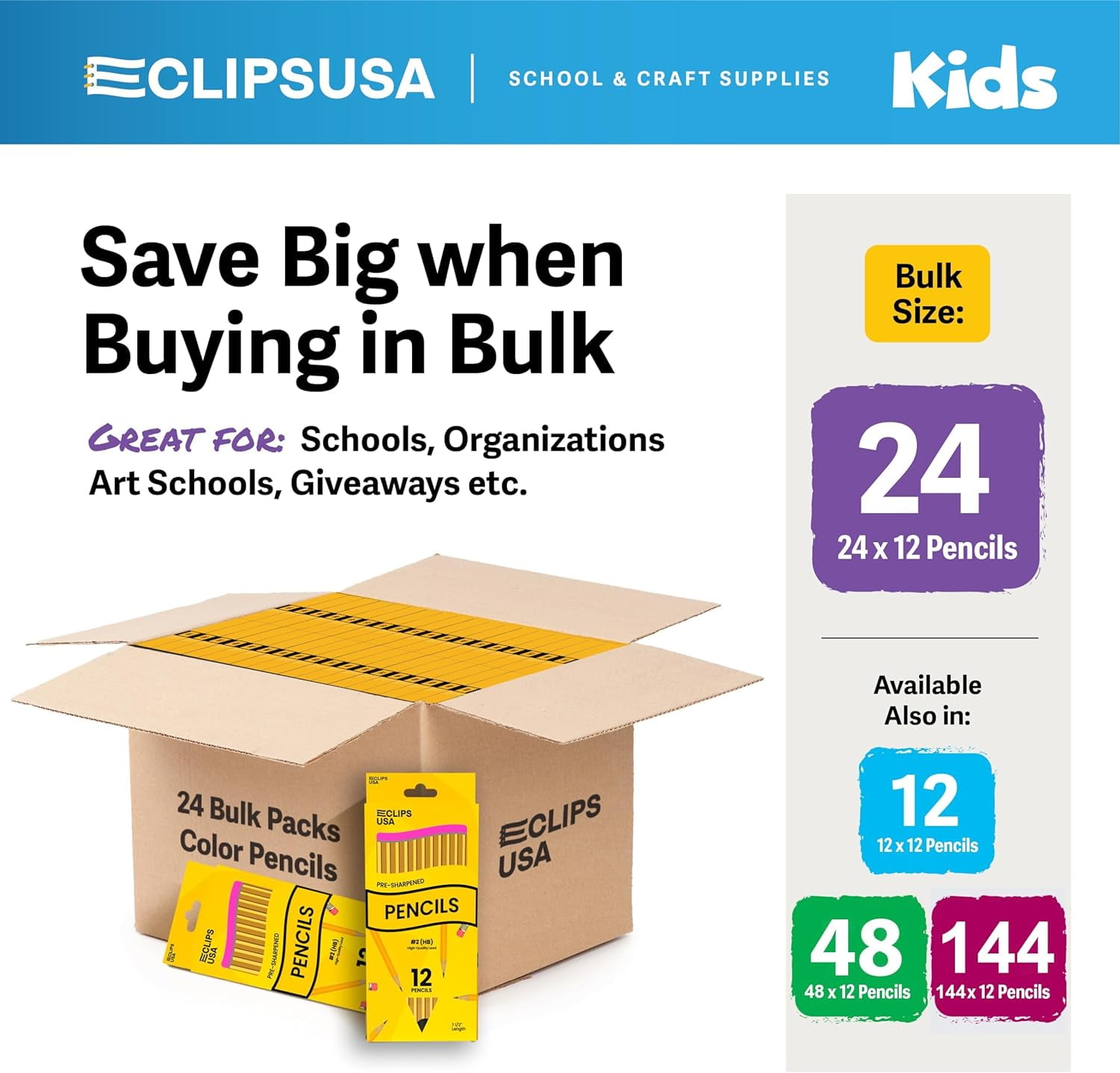 E-CLIPS USA #2 Pencils, HB Graphite Woodcased Pre Sharpened Pencils, 24 Boxes