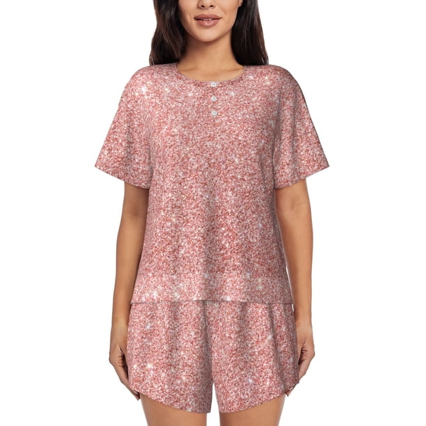 Balery Rose Gold Pink Glitter Conjunto de Pijama para Mujer con Estampado, Dos Piezas de Manga Corta y Shorts, Ropa de Dormir Suave con Cuello Redondo y Bolsillos-Medium