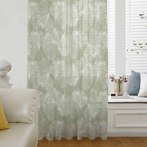 Sage Green Leaves Semi Sheer Curtains Drapes for Living Room, Bedroom, French Doors Window 54 Inches Long, Vintage Abstract Art Botanical Rod Pocket Chiffon Curtain Drapery Voile Draperies Panel