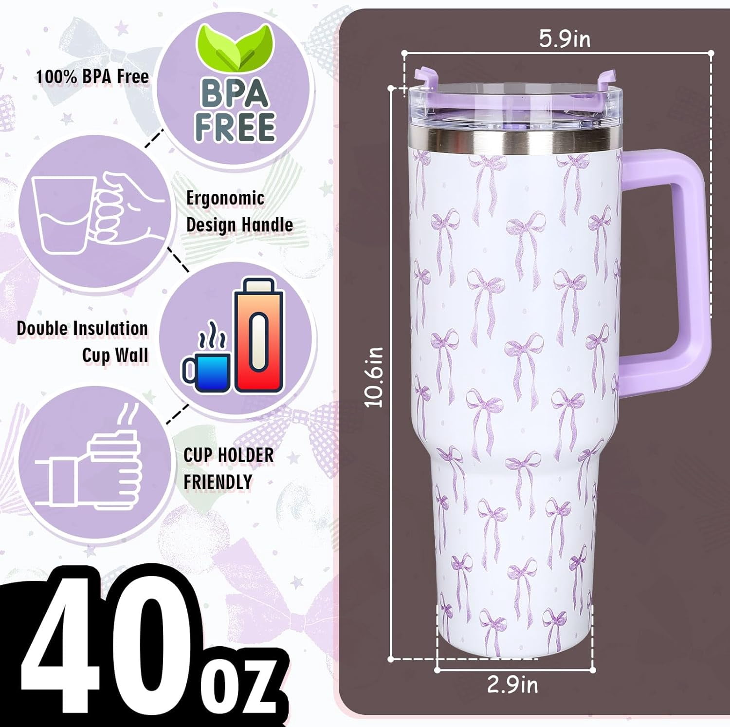 40oz Purple Bow Tumbler with Handle Straw and Lid Bow-Knot Travel Coffee Tumbler Cup for Women Friend Holiday Birthday