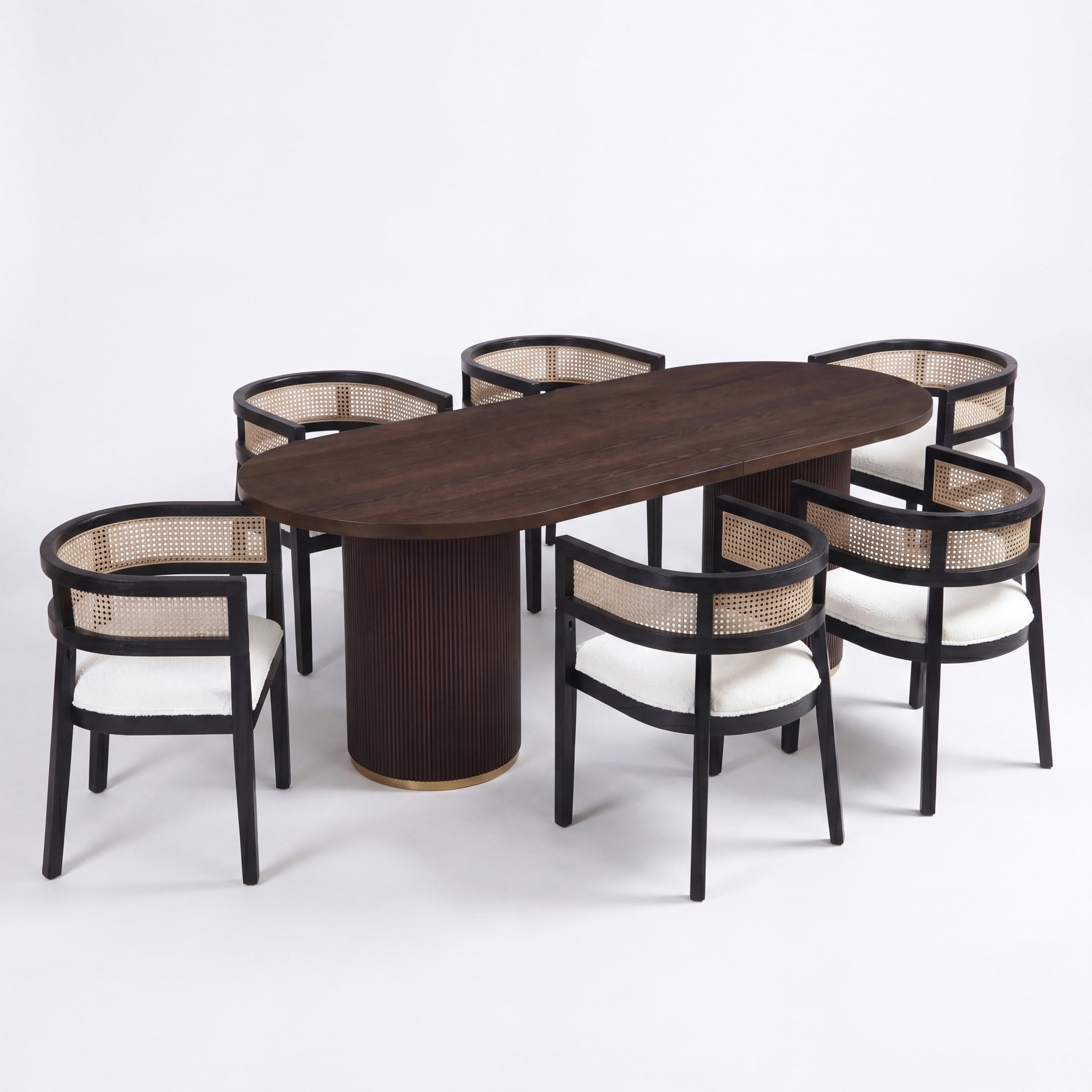 Christopher Knight Home 7-Piece Mid Century Dining Set, Oval Table with Rattan Back Chairs, Black+Espresso