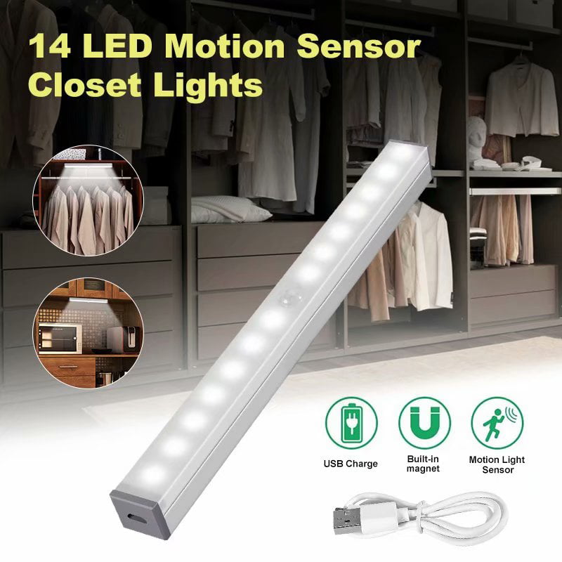 14LEDs Motion Sensor PIR Wireless Lights USB Rechargeable Strip Closet Home Lamp 