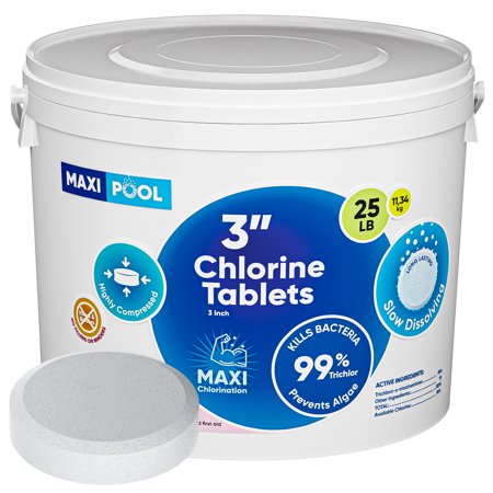 MAXI POOL 3 inch Advanced Stabilized Chlorine Tablets, Long Lasting, 25 LBS Bucket Slow Dissolving tabs for Swimming Pools