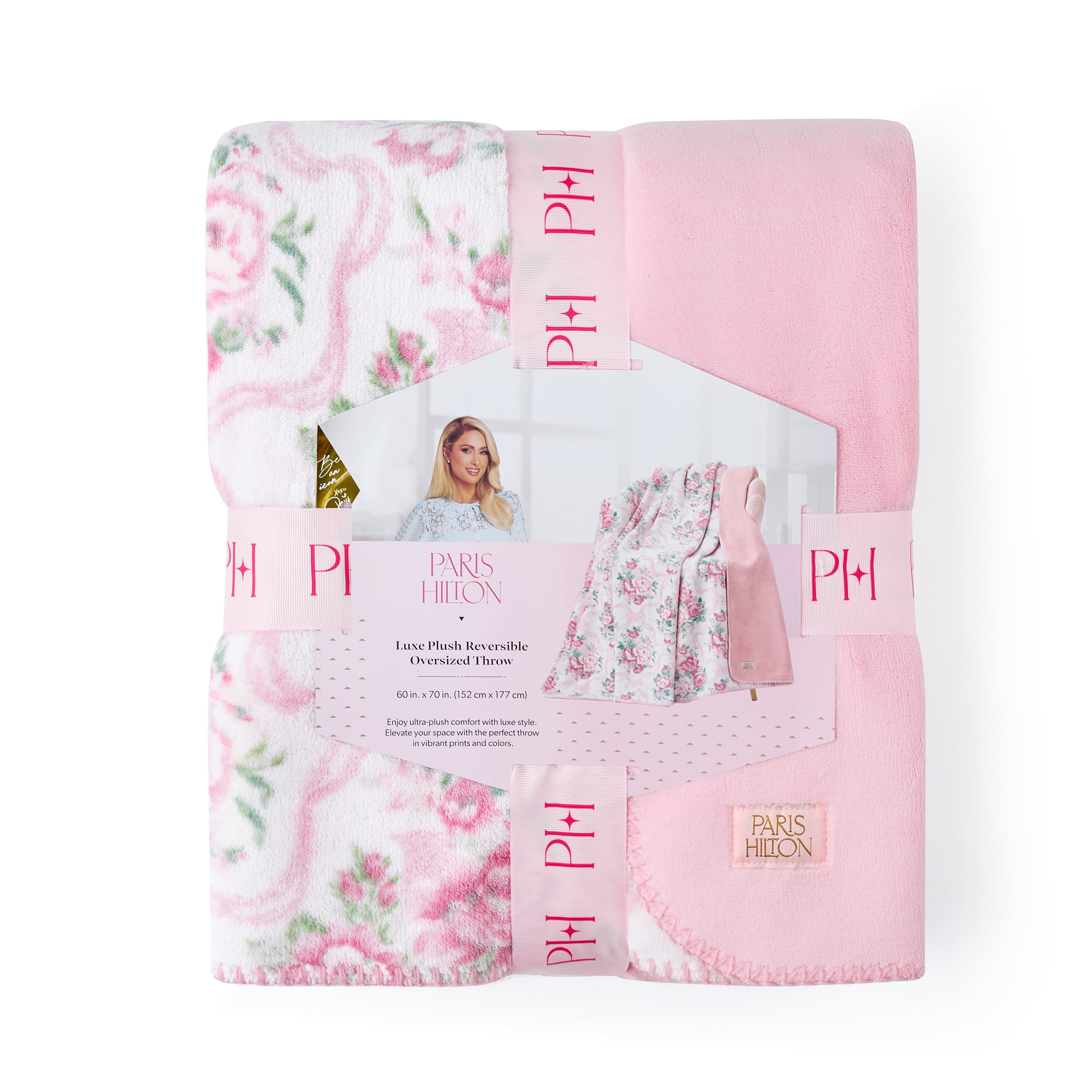 Paris Hilton Plush Throw Blanket, Reversible Fleece, 60" x 70", Pink Coquette Floral