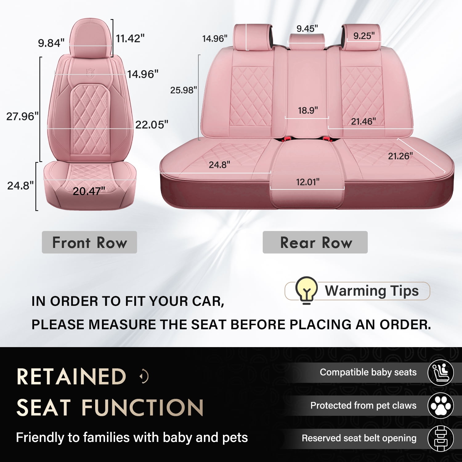 Coverado Pink Car Seat Covers Full Set, Waterproof Faux Leather Seat Protectors, Auto Interior Accessories Universal Fit Most Cars SUVs Pickup Trucks