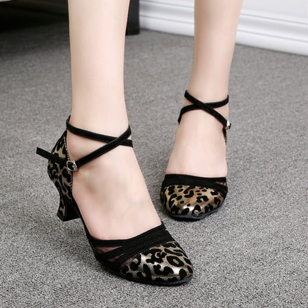 

Yilirongyumm Gold 35 High Heels For Women Rumba Waltz Prom Ballroom Latin Dance Leopard Strap Buckle Shoes Sandals