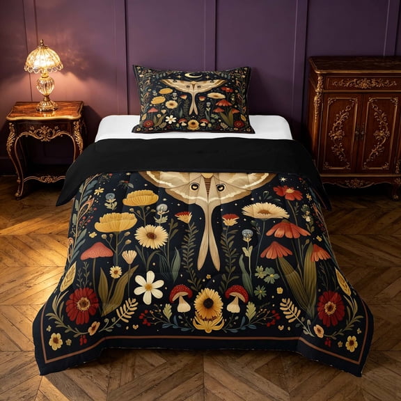 Homewish Boho Moth Twin Comforter Sets, Hippie Flower Mushroom Bedding Set, Black Reversible 2pcs, 1 Comforter and 1 Pillowcase
