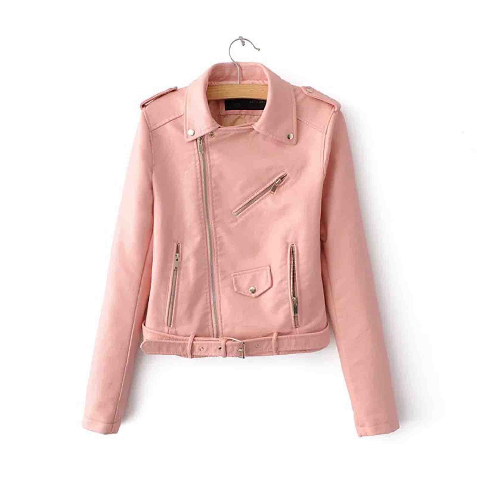 QATAINLAV Women's Cropped Slim Fit Moto Coat Blazer Collar Vintage Faux Leather Jacket Fall Winter Long Sleeve Zip Up Outerwear, Pink, XXXL