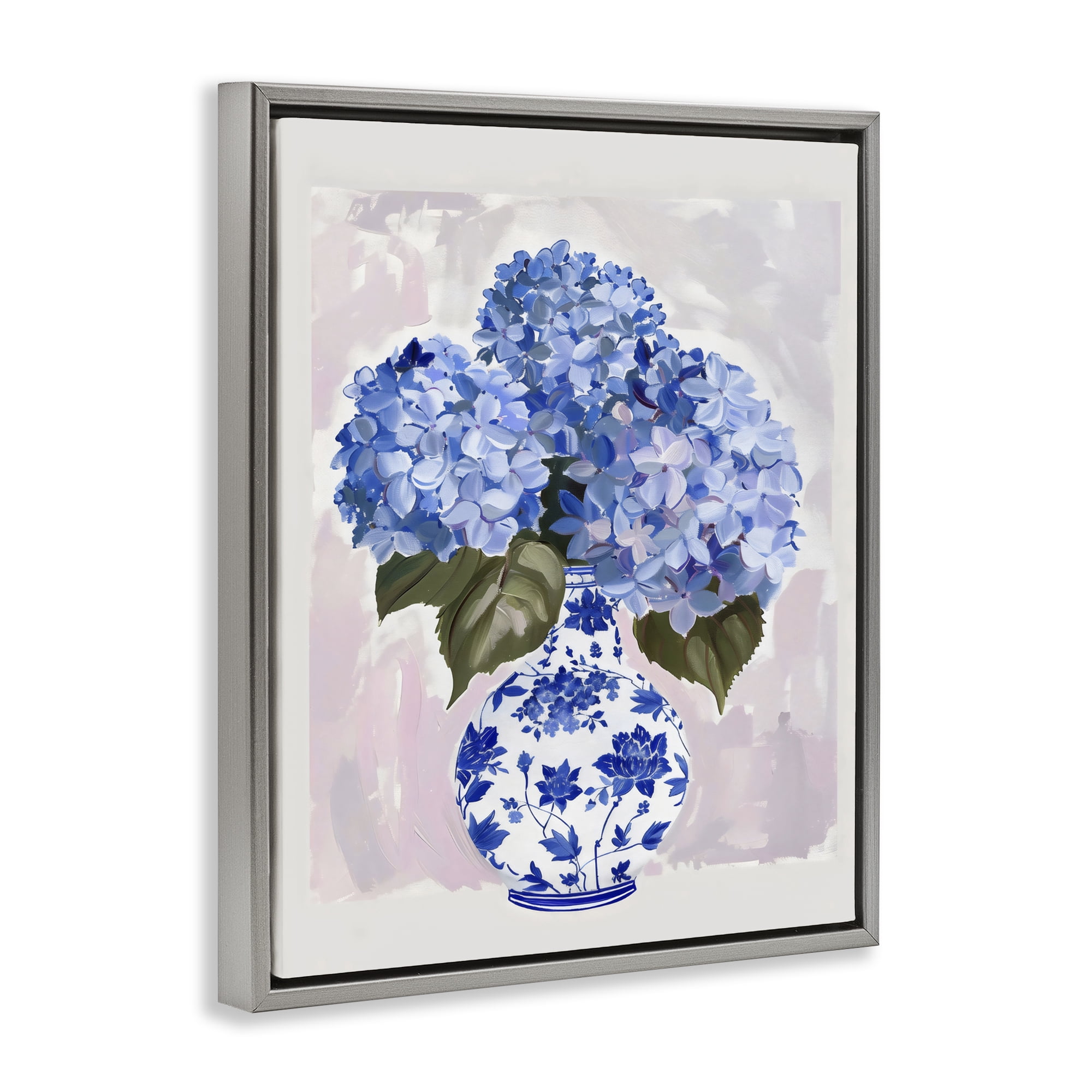 Stupell Industries Blue Hydrangea in Porcelain Vase Gray Framed Floater Canvas Wall Art, design by The Prints Vibe