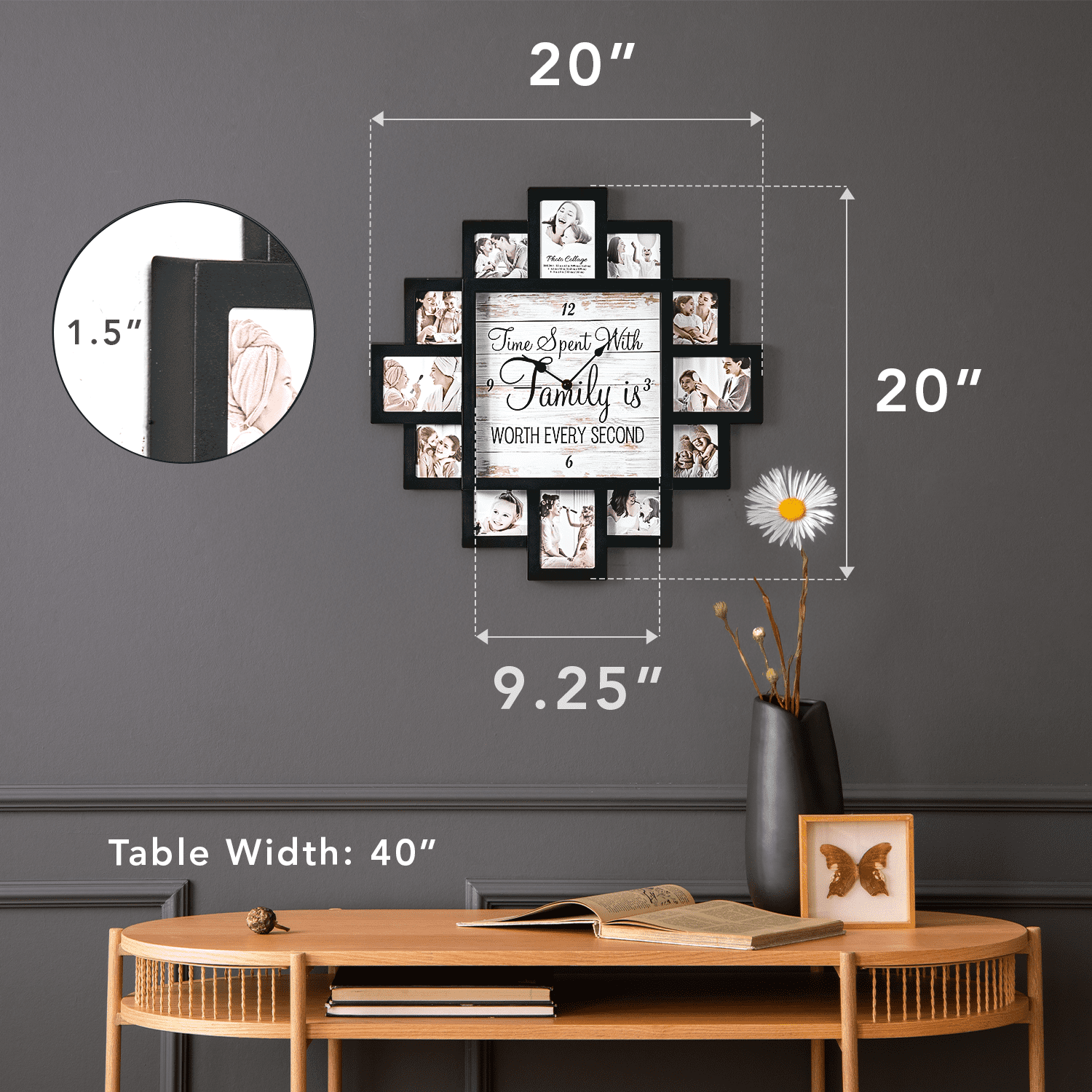 20 inch Black Picture Frame Collage Family Photo Wall Clock - 12 Slots, Farmhouse Decor for Living Room, Entryway, Bedroom
