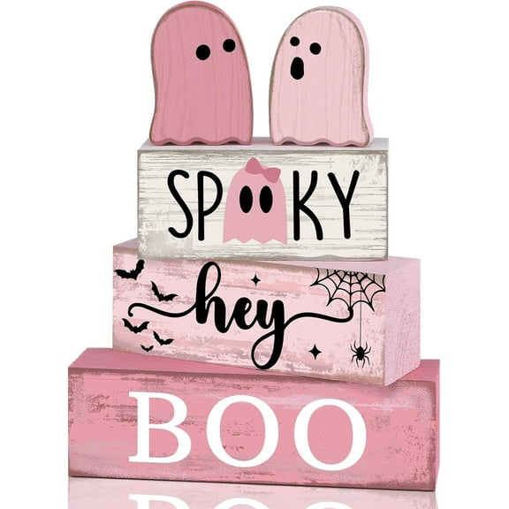 4 Pcs Halloween Table Decor Coffee Ghost Wooden Sign Halloween Tiered Tray Decor Farmhouse Ghost Tabletop Centerpiece Decorative Coffee Bar Block Signs for Home Office Kitchen Shelf