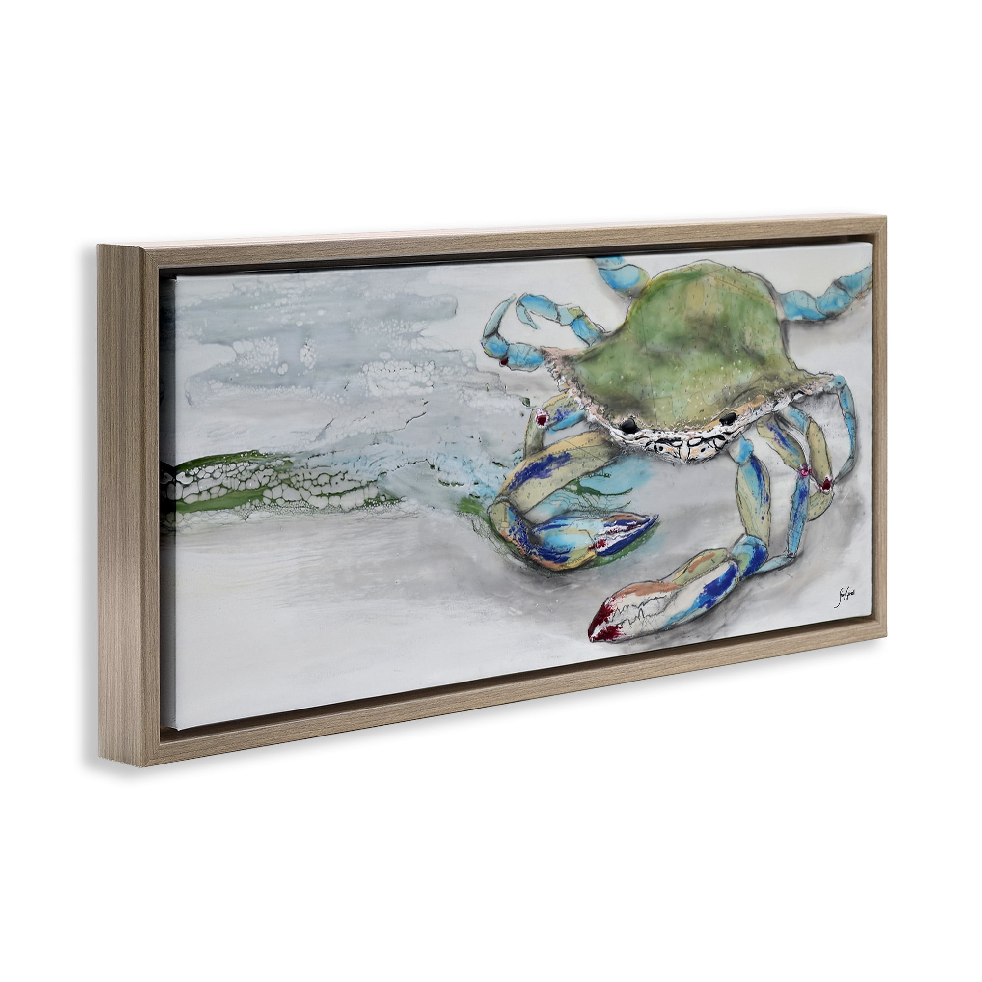 Stupell Industries Vivid Crab on Beach Shoreline Animals & Insects Painting Brown Floater Framed Canvas Art Print Wall Art, 31 x 14