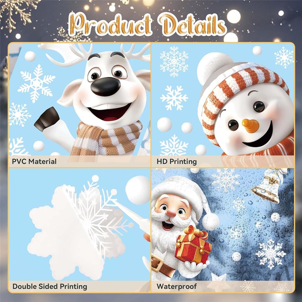 146Pcs Christmas Santa Window Clings,9 Sheets Blue Christmas Window Stickers Decorations,Xmas Elk Snowman Window Stickers Santa Christmas Window Decals for Home Deer Santa Claus and Snowflakes