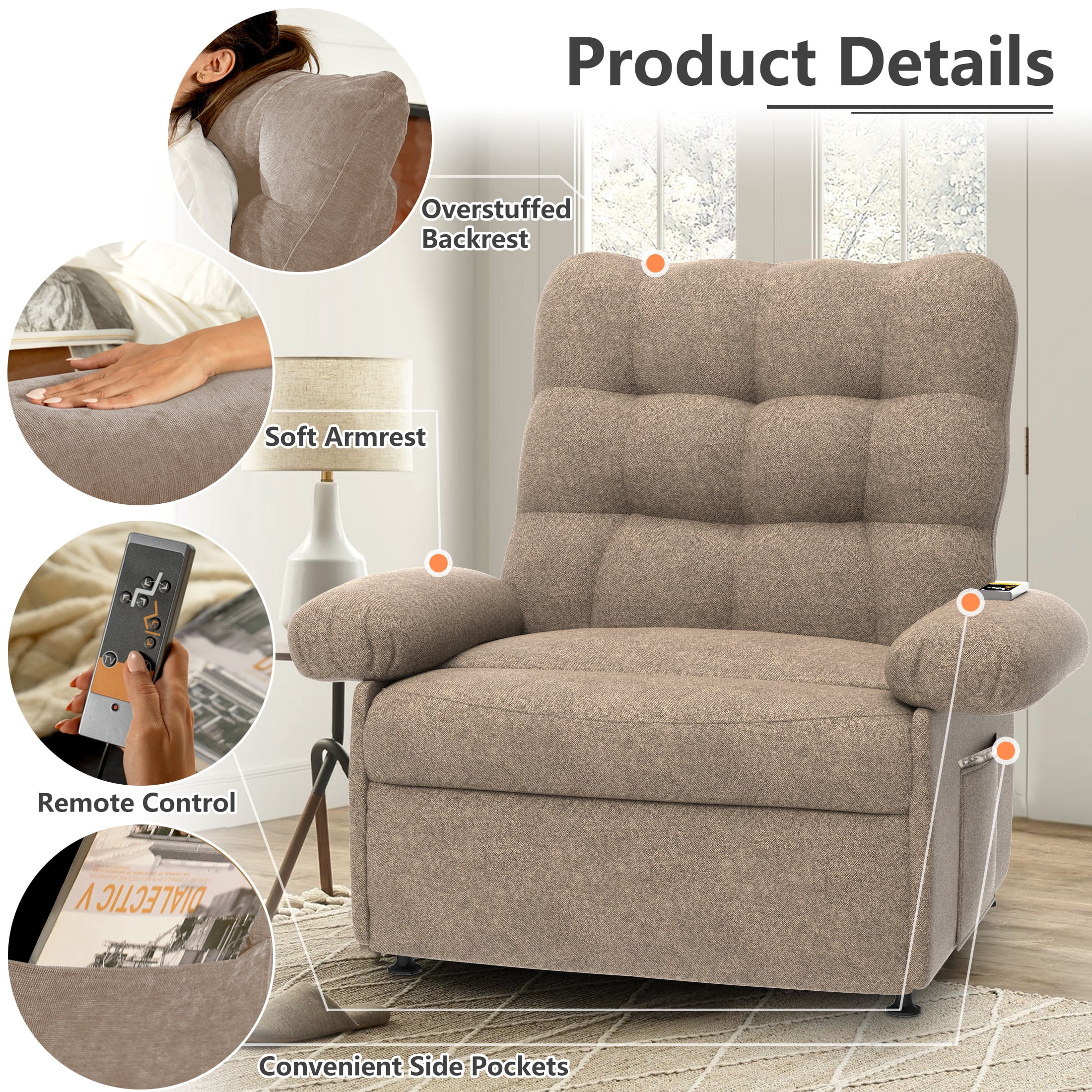 3 Motor Power Lift Recliner Chair, HSUNNS Zero Gravity Recliners with Side Pocket for Elderly, Electric Sofa with Remote Control for Living Room Home Theater, Ergonomic Lounge Recliner Chair, Coffee