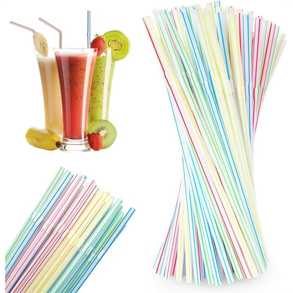 NOGIS 300pcs Plastic Drinking Straws, Flexible Straws, 8" Long, Stripes Multiple Colors Straws,Suitable For Various Drinks, Juice, Milk, Tea, Cocktails, Parties, Daily Use (300pcs)
