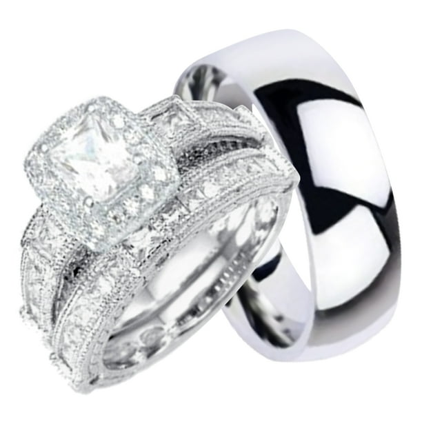 Laraso Co His And Hers Wedding Ring Sets Silver Titanium Matching Wedding Bands For Him Her 7 5 Walmart Com Walmart Com