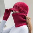 thumbnail image 1 of Gorro de punto grueso y cálido para mujer, conjunto de 3 piezas de guantes y bufanda, Boina de piel de conejo con flores elegantes, gorro de esquí para montar al aire libre, invierno, nuevo, 1 of 4