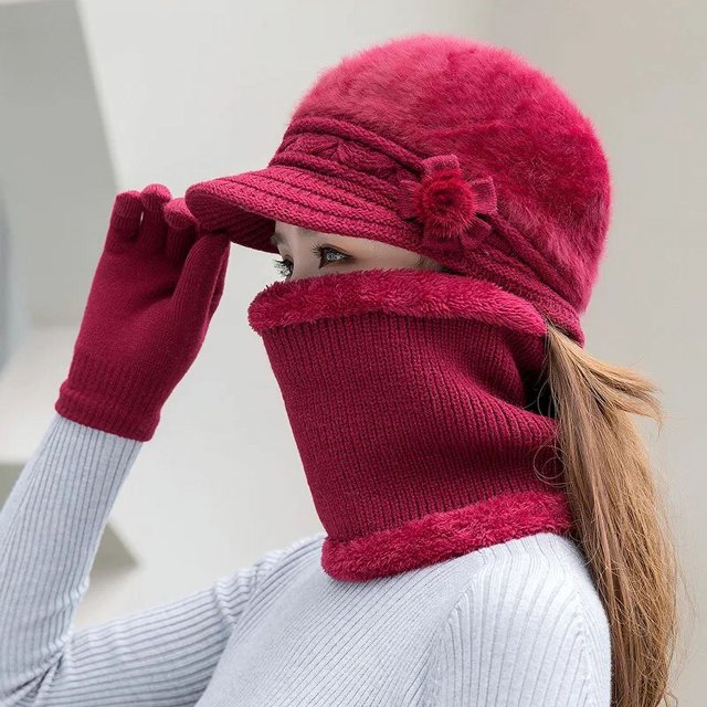 Gorro de punto grueso y cálido para mujer, conjunto de 3 piezas de guantes y bufanda, Boina de piel de conejo con flores elegantes, gorro de esquí para montar al aire libre, invierno, nuevo