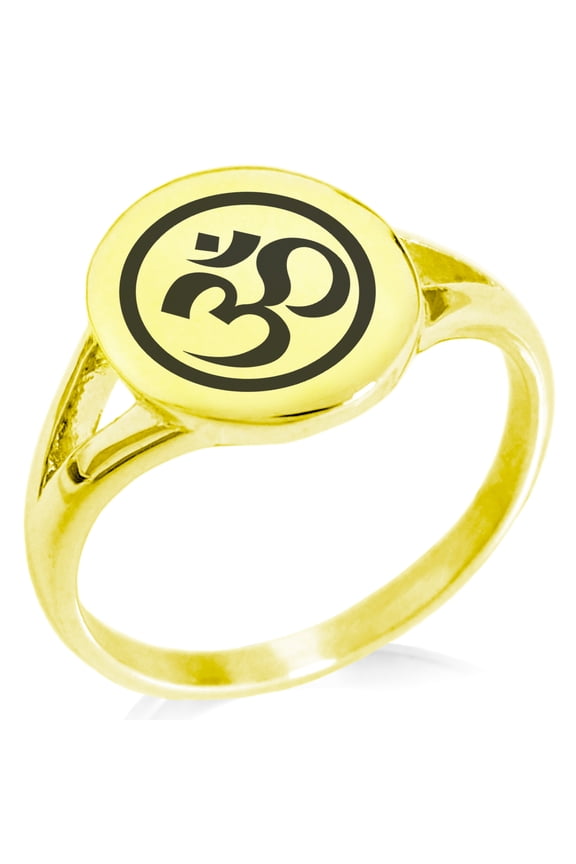 Stainless Steel Sacred Circle Sanskrit Om Minimalist Oval Top Polished Statement Signet Ring