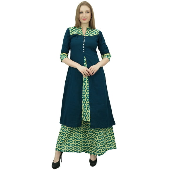 Phagun Women's A-Line Kurti Kurta Green Dress With Palazzo Indian Clothing-20