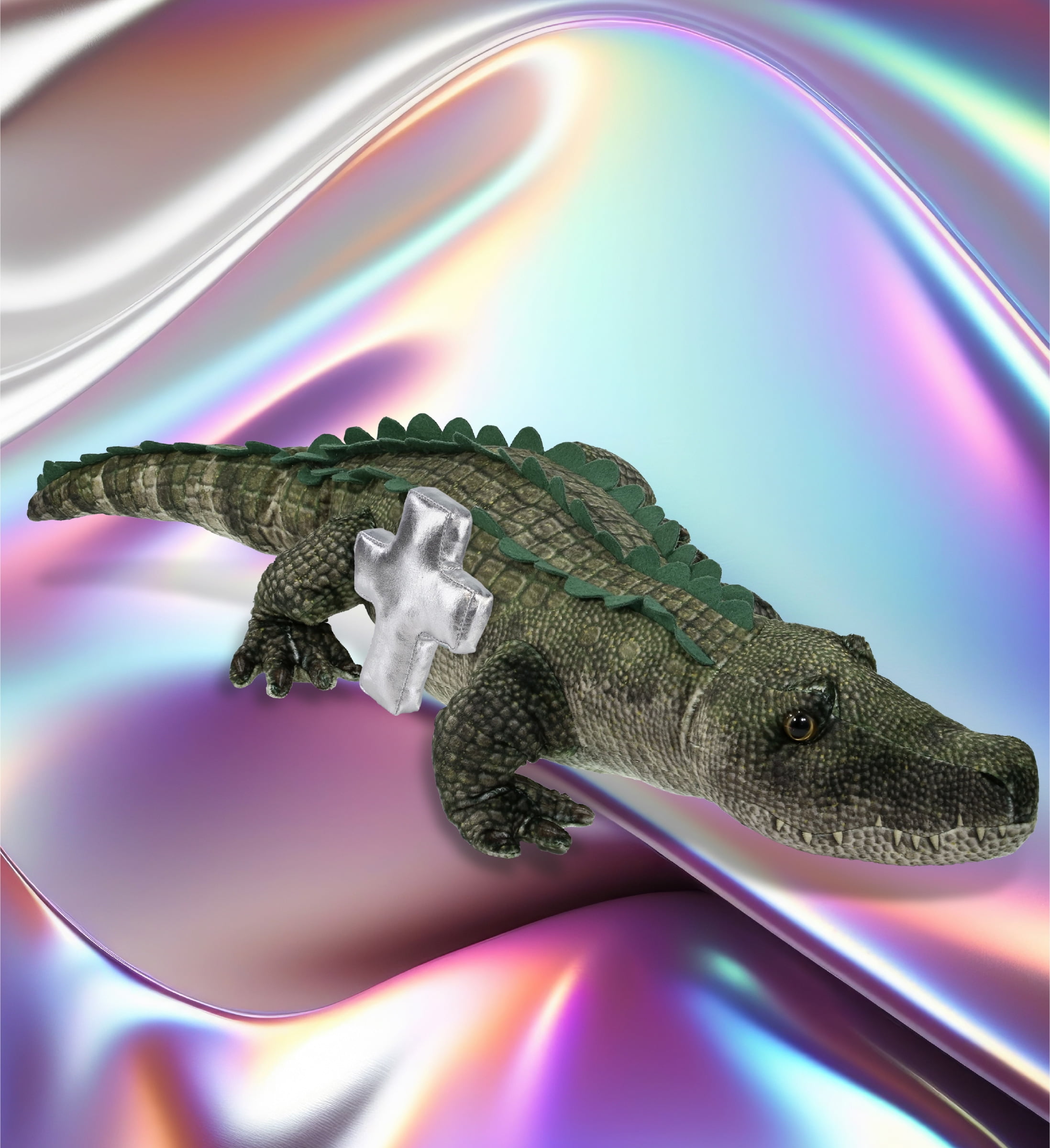 DolliBu Wild Collection Alligator Stuffed Animal with Silver Cross Plush - Religious Baptism Gifts for Boys and Girls, Dedication Christening Gifts Plush Prayer Toy Healing Stuffed Animal - 28 Inches