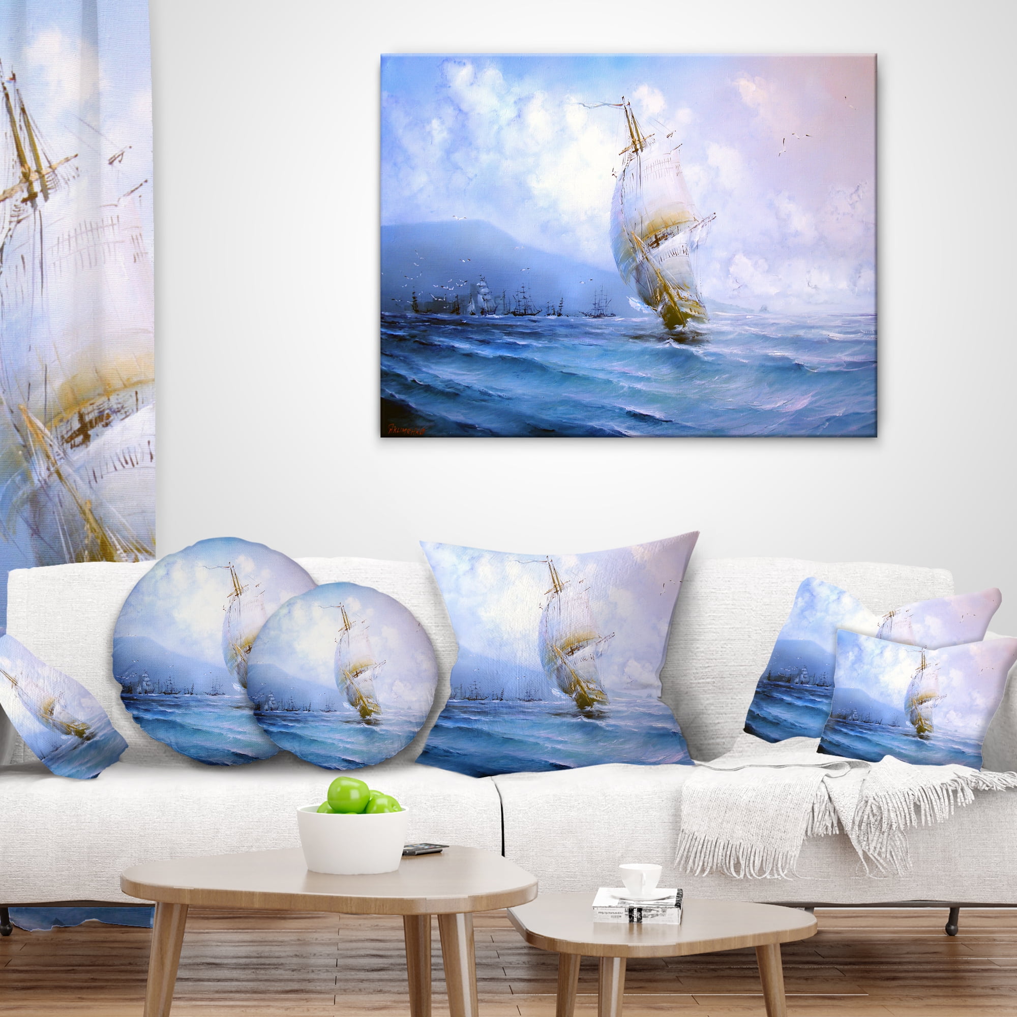 Designart Vessel in Blue Sea - Seascape Throw Pillow - 12x20