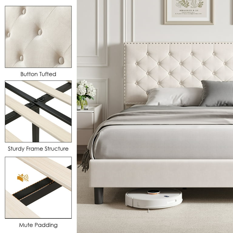 Homfa Full Size Bed Frame with Adjustable Buttoned Headboard