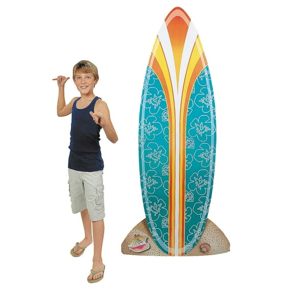 Fun Express 6 Ft. Orange & Blue Flower Pattern Surfboard Cardboard Cutout Stand-Up,  Great for Beach, Luau and Tiki Themed Birthdays, Office Parties and Grand Events