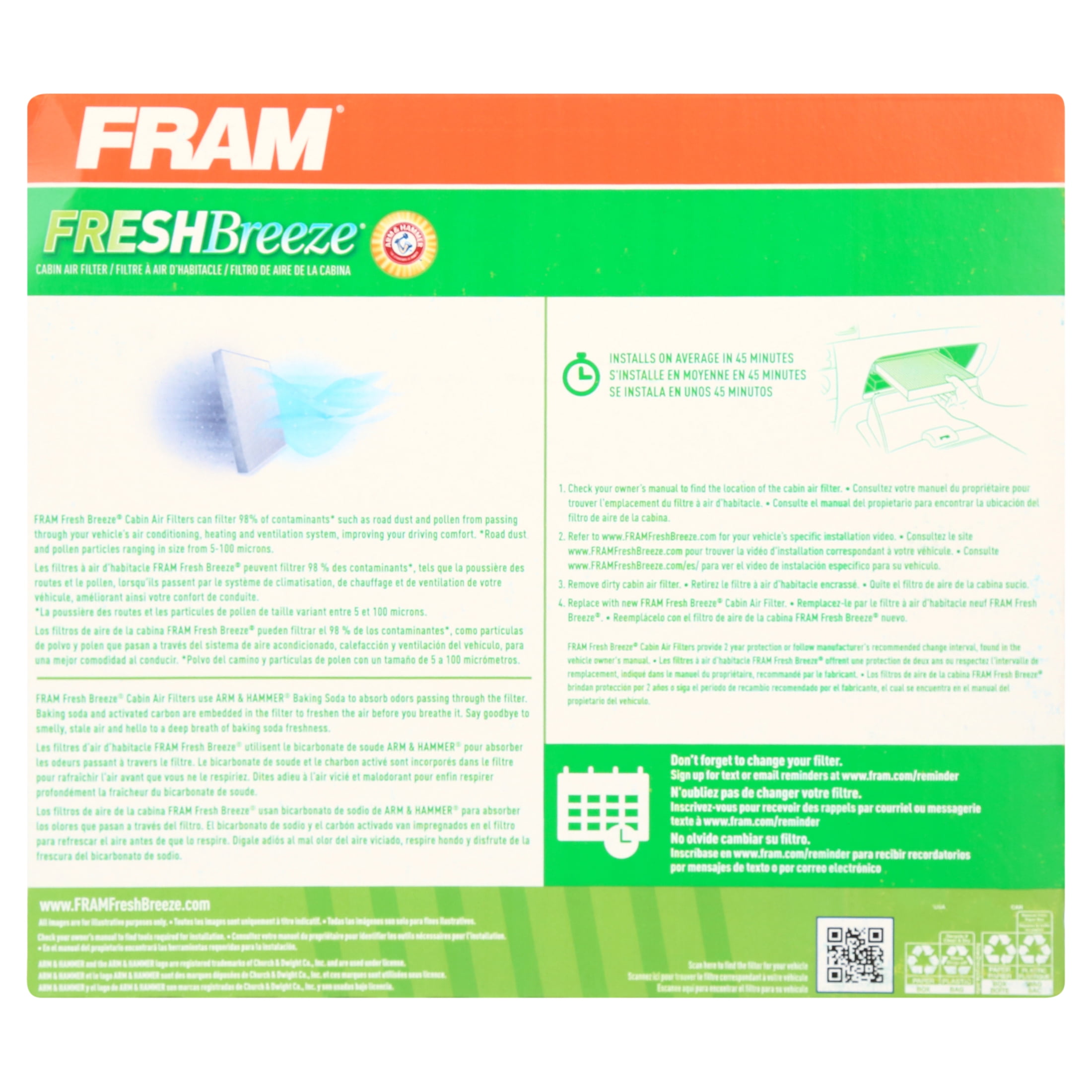 FRAM Fresh Breeze Cabin Air Filter With Arm & Hammer Baking Soda, For Select Vehicles