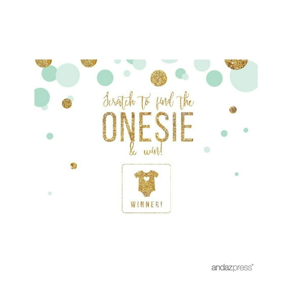 Mint Green Gold Glitter Baby Shower Party Games, Activities, Scratch Off Winner Game Cards, 30-Pack