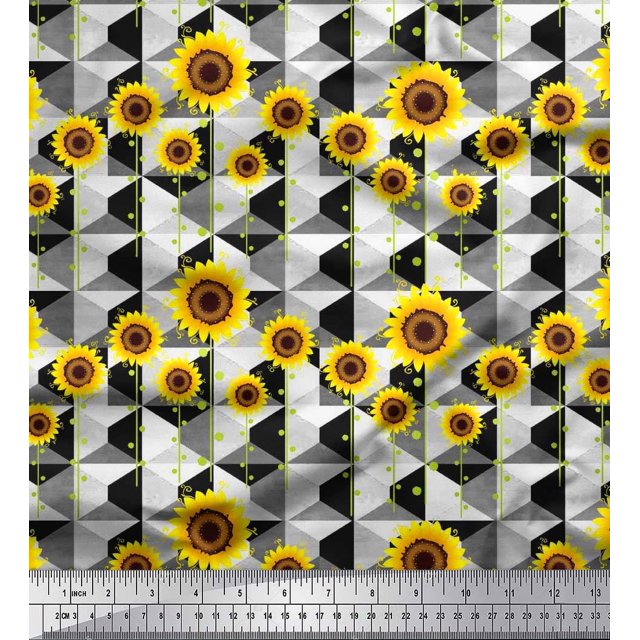 Soimoi Polyester Crepe Fabric Check,Dot & Sunflower Flower Print Sewing Fabric Yard 42 Inch Wide