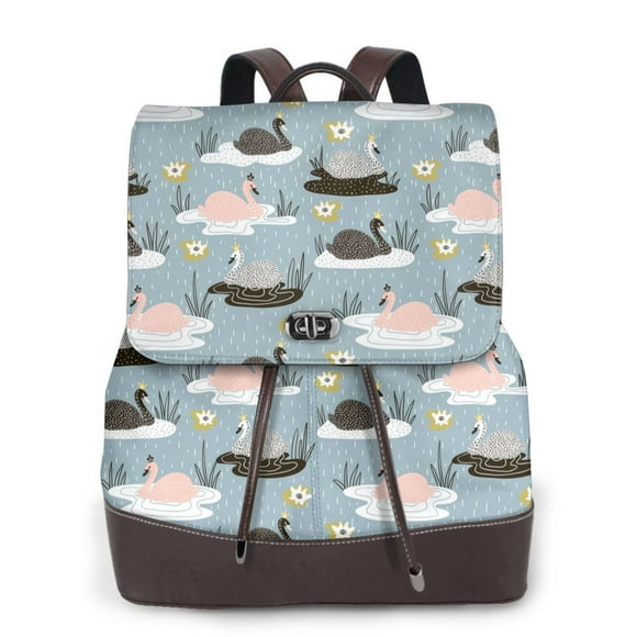 Saiise Swan Princess On Lake Pattern Women Leather Backpack Compact 10.6x12.6in Laptop Work Commute School Sophisticated Gift Metal Zipper