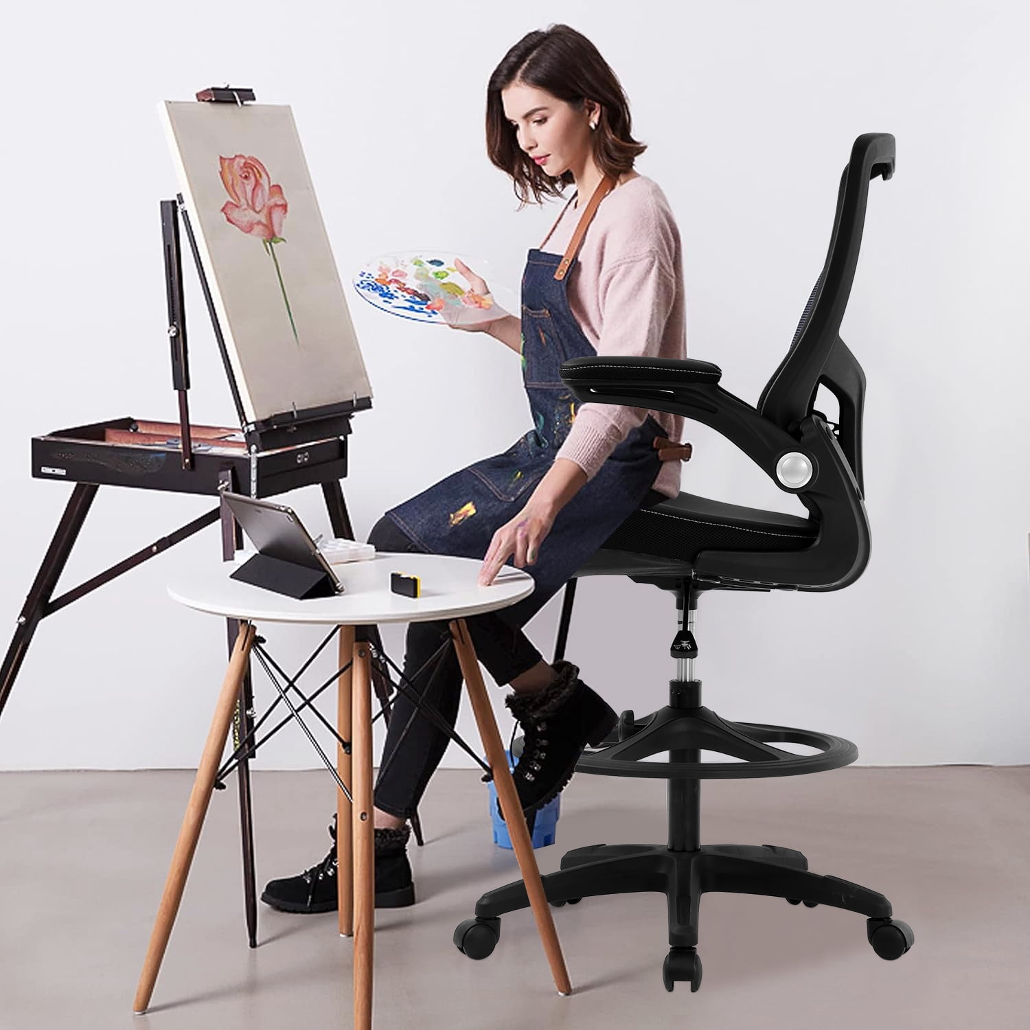 NiamVelo Drafting Chair  Tall Office Chair with Lumbar Support Footrest Ring Flip up Arms for Standing Desk, Swivel Rolling Mesh Chair Height Adjustable  Desk  Chair, Black