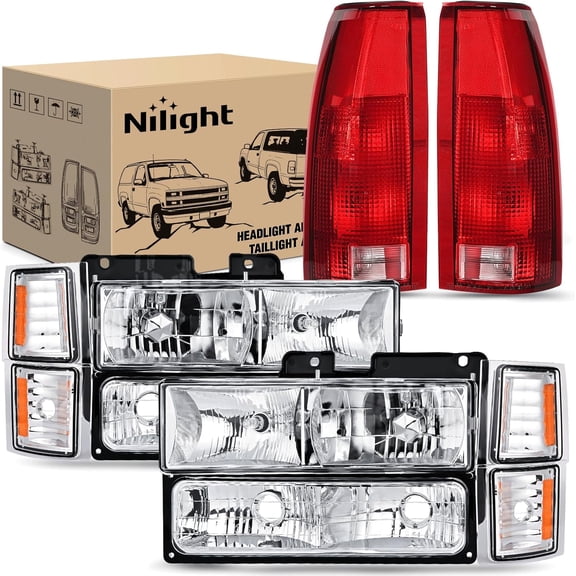 Nilight Headlight and Taillight Assembly Combo Compatible with 1994 1995 1996 1997 1998 Chevy Silverado Tahoe Suburban C10 C/K 1500 2500 3500 Tail Light Chrome Housing Amber Reflector Bumper Lamp