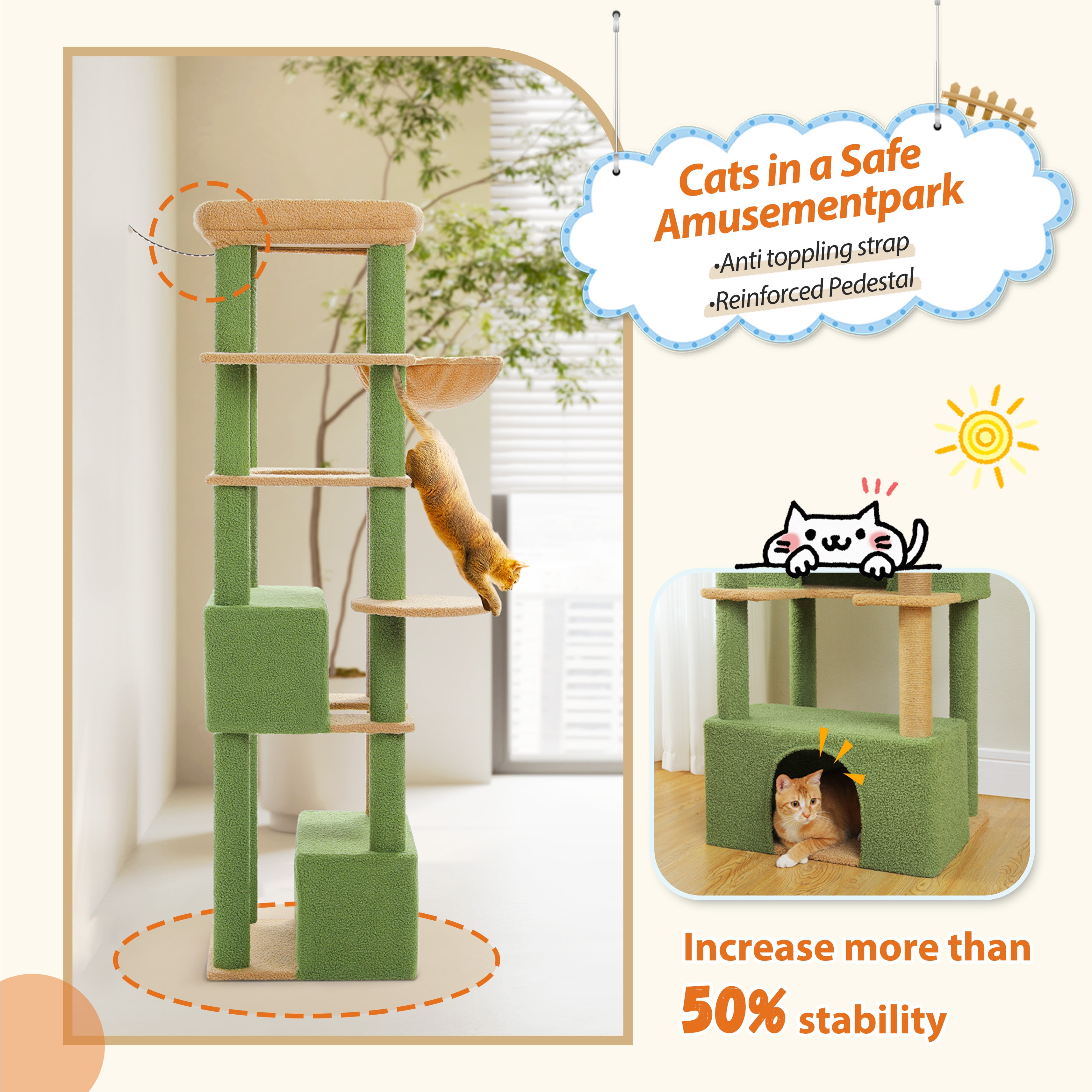 Pefilos 68" Tall Cat Tree Tower for Indoor Big Cats with Extra-Big Top Perch [21'' x 17''], 2 Large Condos, Scratching Post and Cozy Hammock, Green