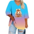 thumbnail image 2 of Junur Plus Size V Neck Pumpkin T-Shirt Women Gradient Halloween Tees Casual Loose Short Sleeve Fall Holiday Tops S-5XL, 2 of 3