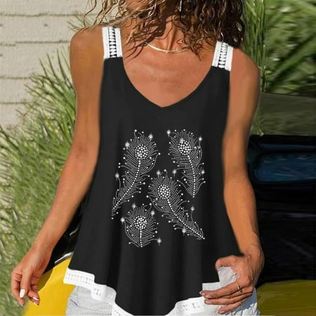 

Aayomet Spring Tops for Women Ladies Lace Lace Suspender Feather Diamond Print Irregular Camisole Top Black S