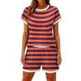thumbnail image 3 of Sewkxo Two Piece Sets for Women Stripe Summer Lounge Short Sets Shorts Sleeve Crew Neck Sweatsuit with Pocket,Orange 2XL, 3 of 5