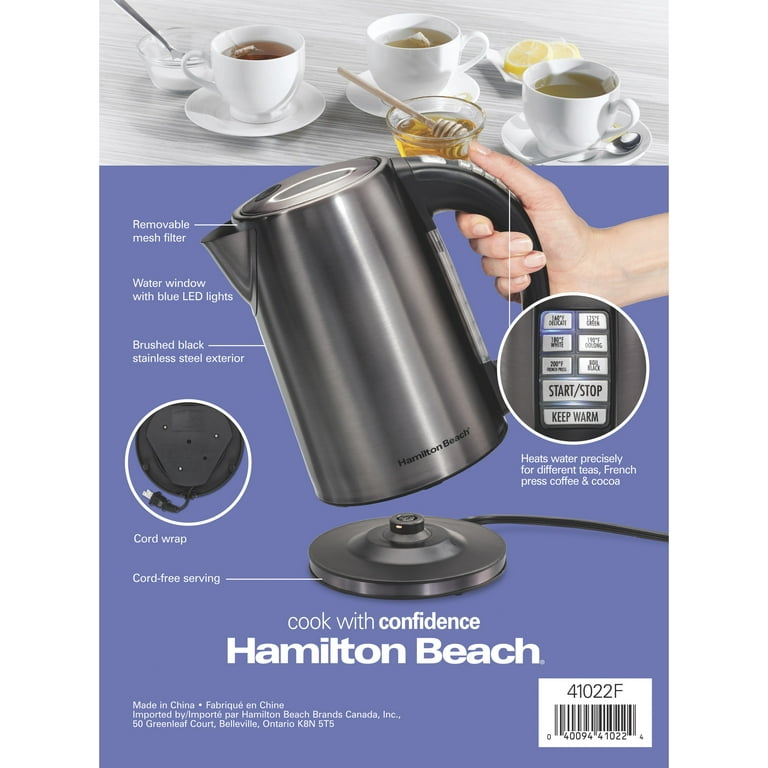 Hamilton Beach Variable Temperature Electric Kettle, 1.7 Liter, Black,  Stainless Steel, New, 41022F 