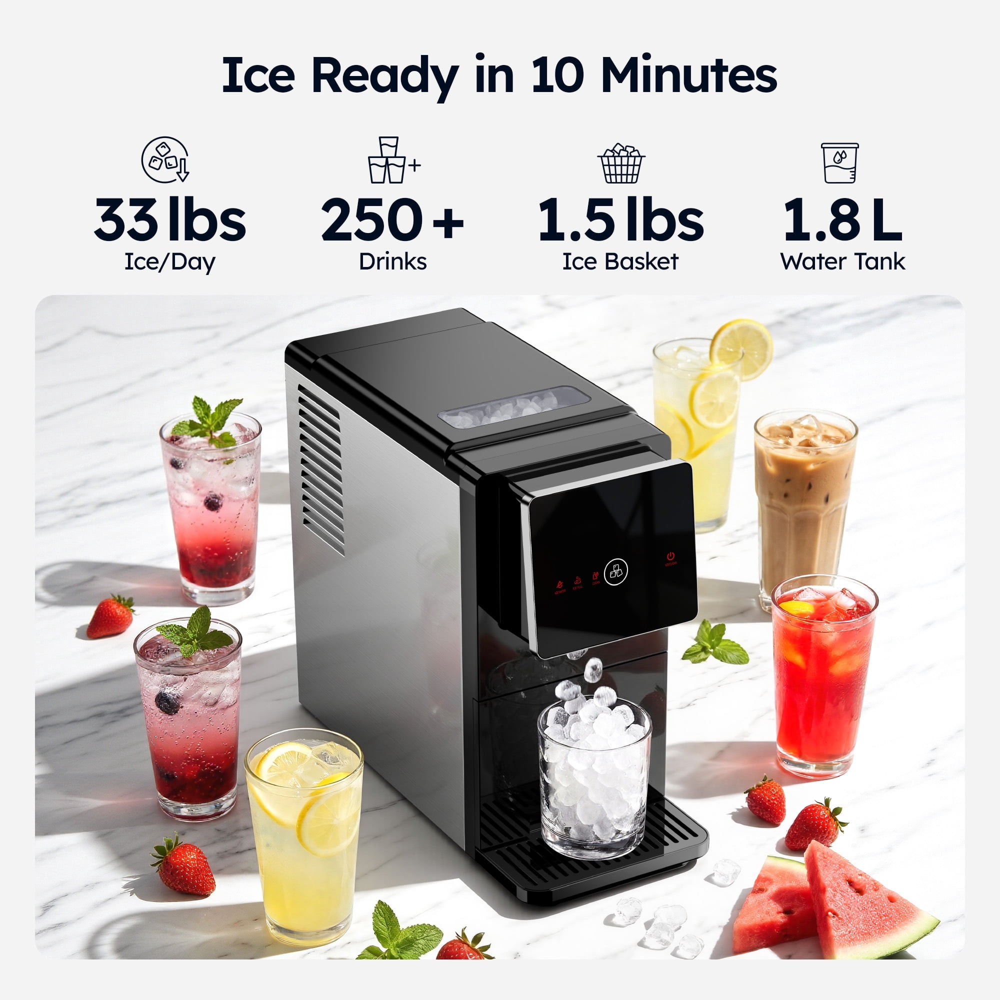 Simzlife Countertop Nugget Ice Maker - 33lbs/24h Chewable Sonic Pellet Ice Machine, 1.8L Removable Tank, Auto Self-Cleaning & Smart Measured Dispensing for Home, Office, Party
