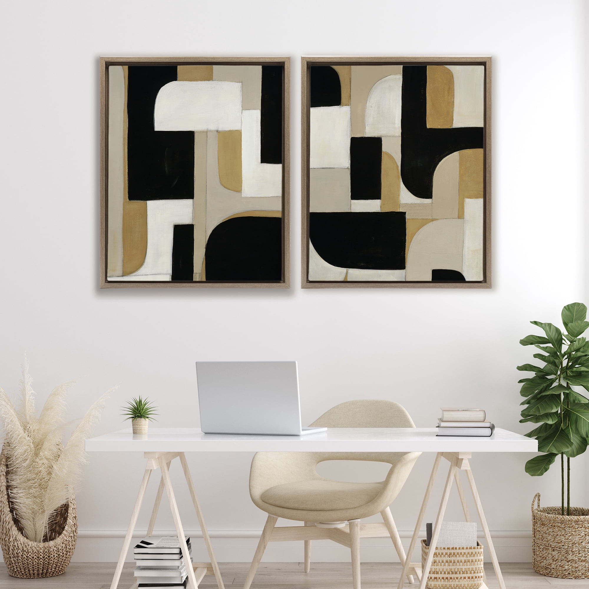 Stupell Industries Neutrals & Black Geometrics 2 Piece Brown Framed Floater Canvas Set, design by Kippi Leonard