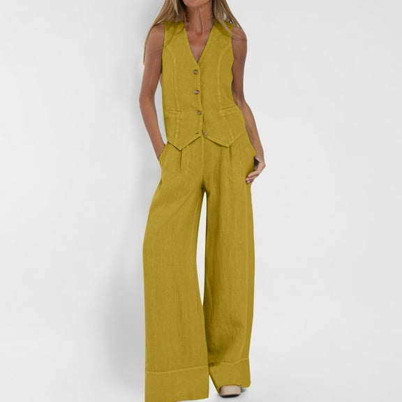 Women's 2 Piece Casual Outfits Womens Button Sleeveless Vest Shirt Straight Wide Leg Trousers With Pockets Suit Work Pantsuit Short Sleeve Jumpsuits for Women Formal Jumpsuits for Women Elegant Lace