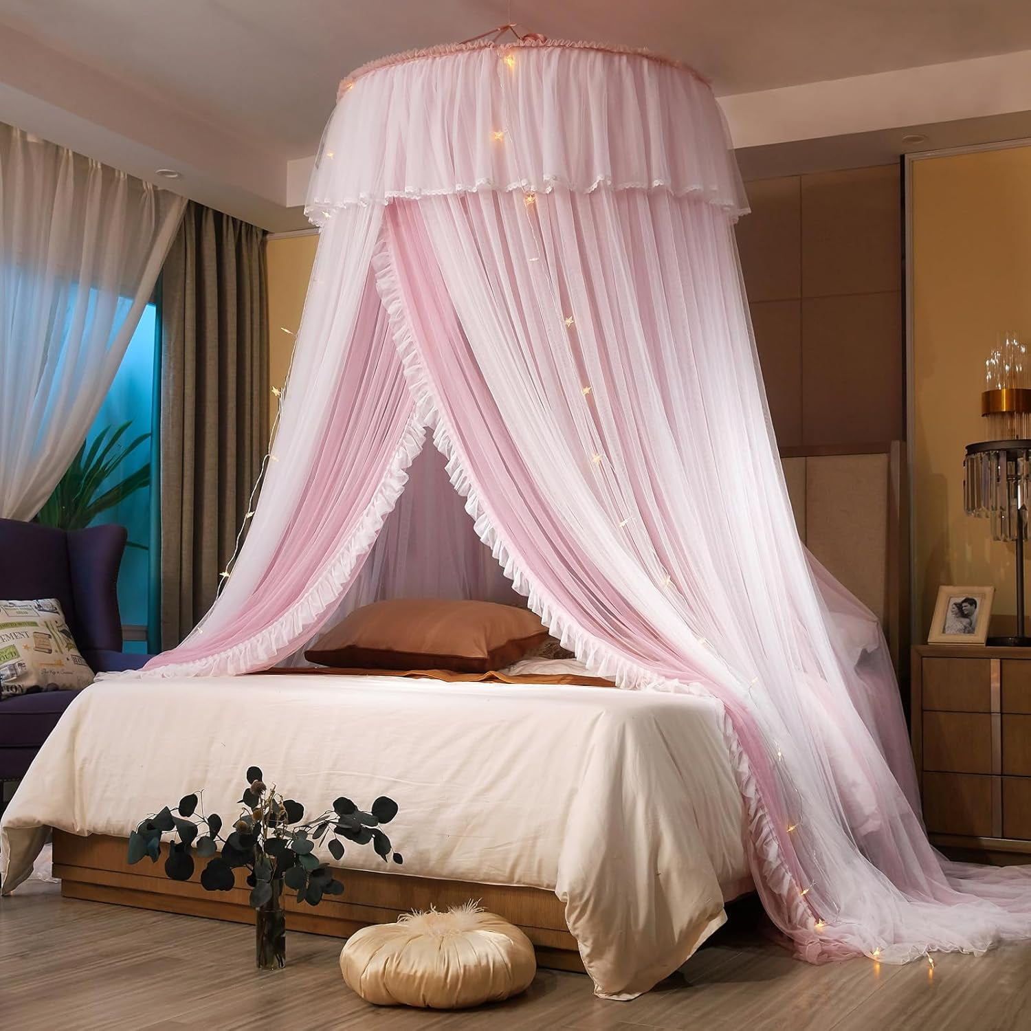 Princess Bed Canopy for Girls & Adults, Elegant Double-Layer Bed Curtain, Children's Dream Round Lace Mosquito Net, Princess Canopy Net - Fits Twin, Full, Queen, and King Beds (Light Gray)