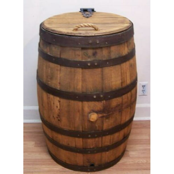 Whiskey Barrel Trash Can With Single, Small Wooden Barrel Trash Can