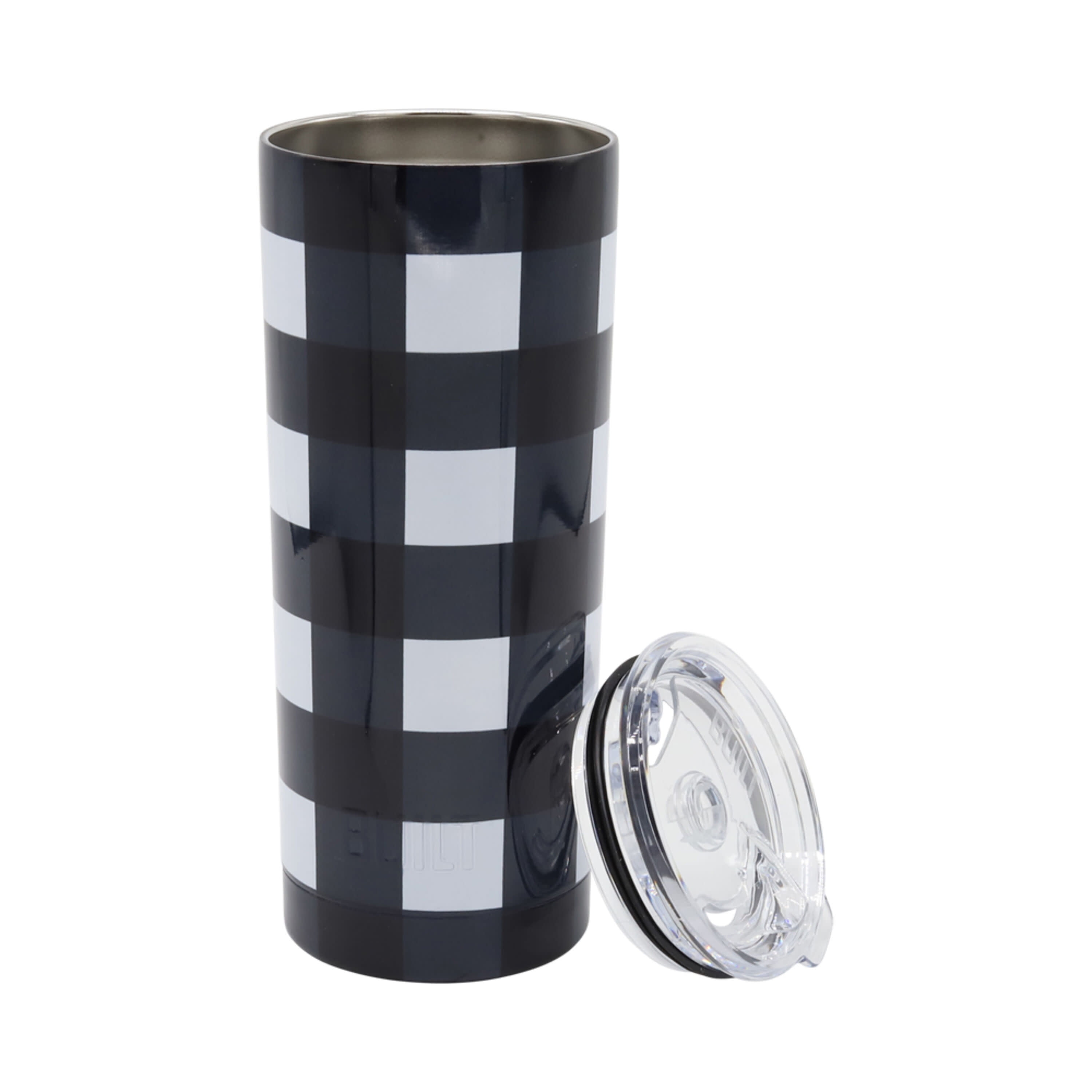 BUILT 20 oz Double-Wall Stainless Steel Tumbler Water Bottle, White and Black Buffalo Plaid